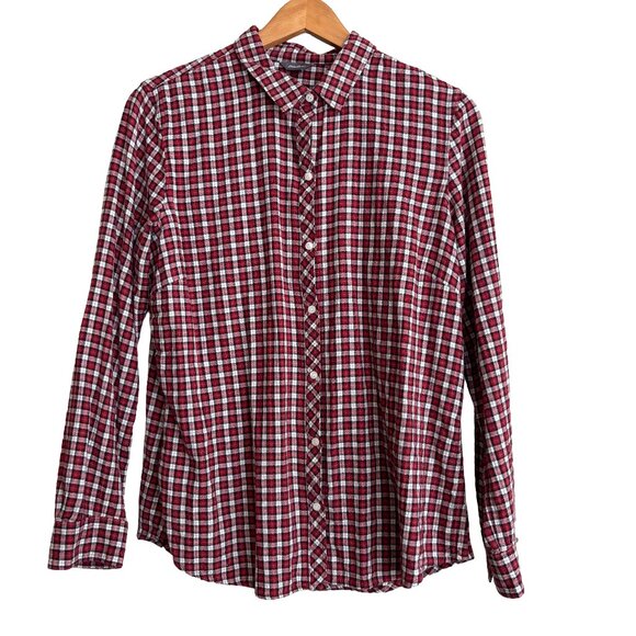 Womens Red White Plaid Eddie Bauer Flannel Button Up Long Sleeve Blouse L Top - Picture 1 of 6